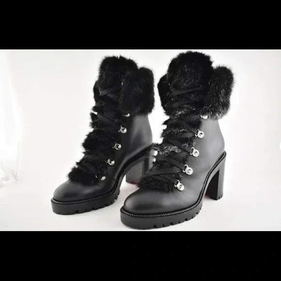 ISO Christian Louboutin Fanny 70 Black Calf Leather Fur Heel Combat Boots.8-8.5 - Picture 7 of 7